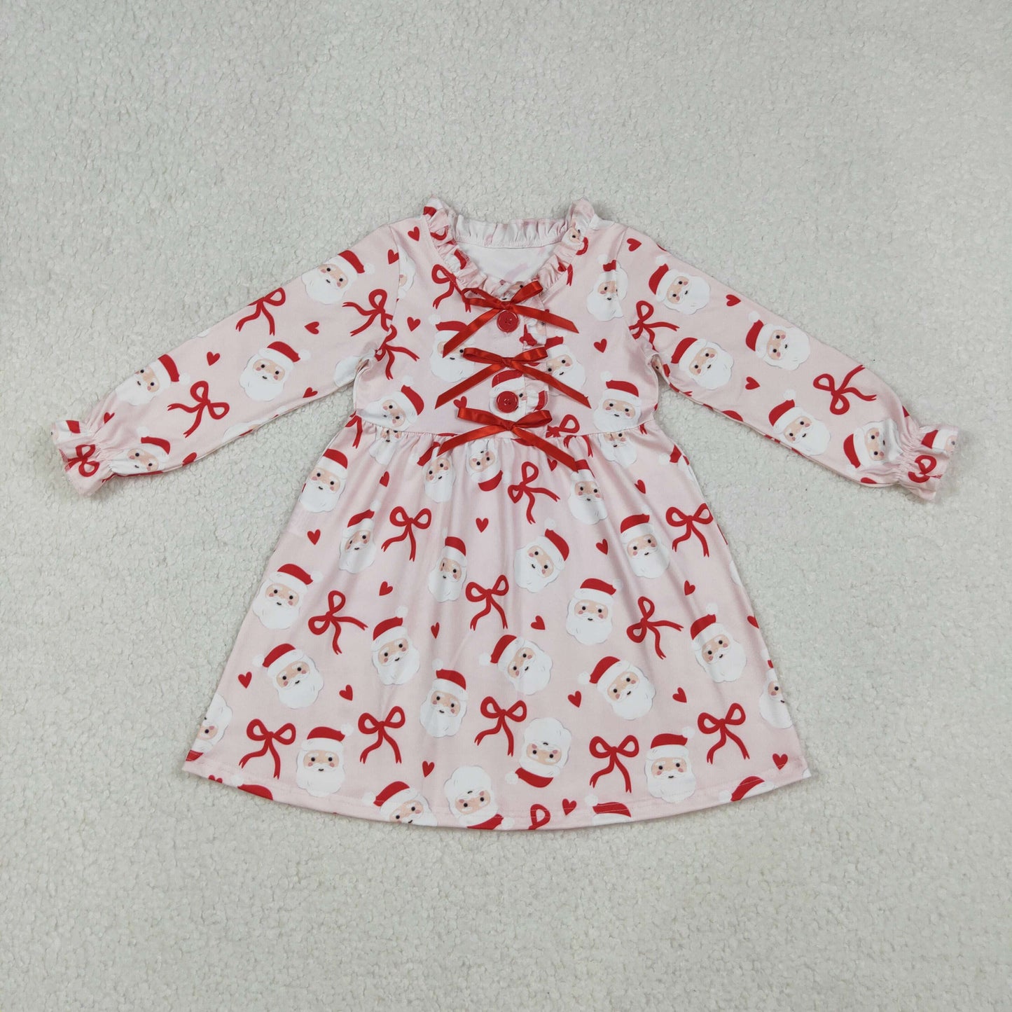 GLD1233 Christmas Claus Bows Heart Pink Ruffle Long Sleeve Dresses for Girls  202509 RTS