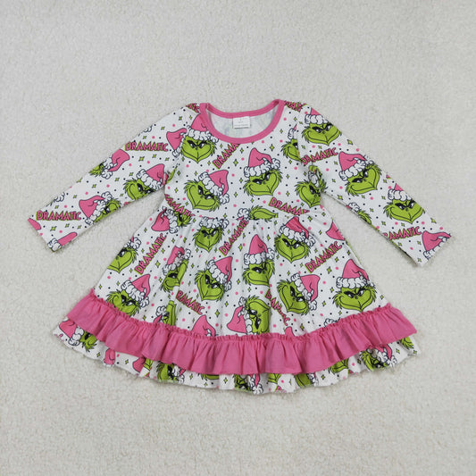 GLD1234 Matching Sibling Christmas Grinch O-Neck Pink Ruffle Long Sleeve Dresses for Girls  202509 RTS