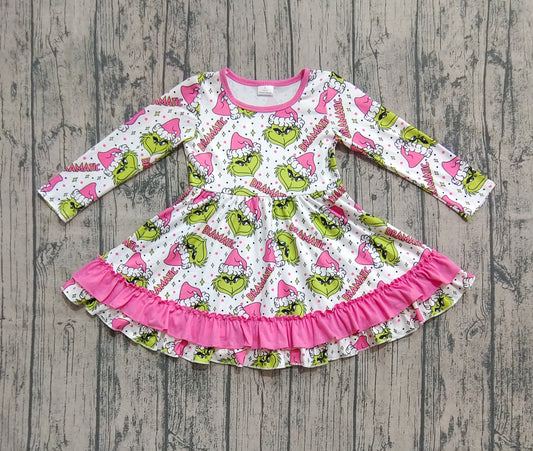 Preorder GLD1234 Matching Sibling Christmas Grinch O-Neck Pink Ruffle Long Sleeve Dresses for Girls  202507