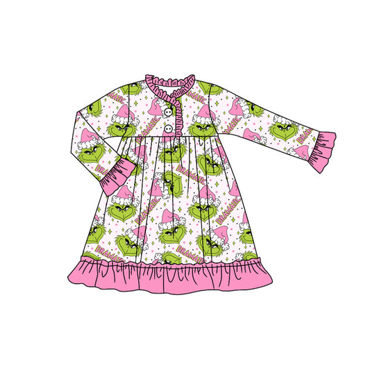 Preorder GLD1235 Matching Sibling Christmas Grinch Pink Ruffle Long Sleeve Dresses for Girls  202507