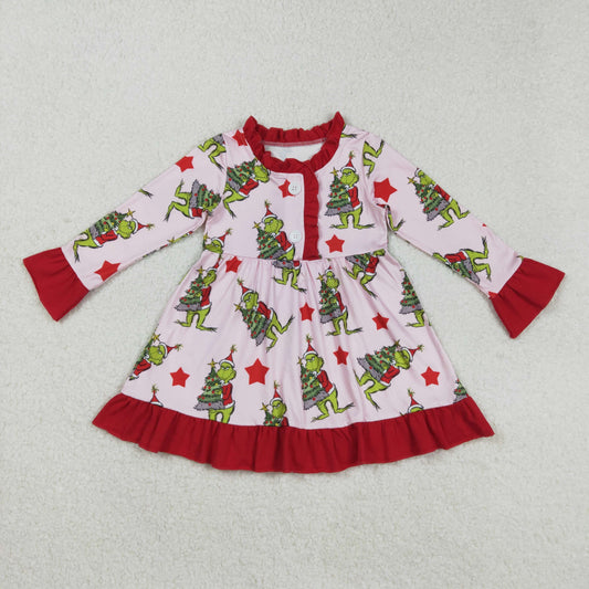 GLD1236 Christmas Grinch Star Red Ruffle Long Sleeve Dresses for Girls  202509 RTS