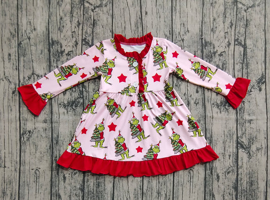 Preorder GLD1236 Christmas Grinch Star Red Ruffle Long Sleeve Dresses for Girls  202507