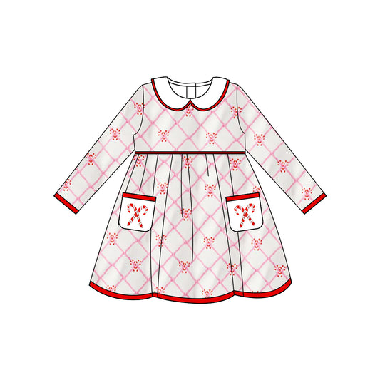 Preorder GLD1238 Christmas Cane Doll Collar Long Sleeve Dresses for Girls  202507