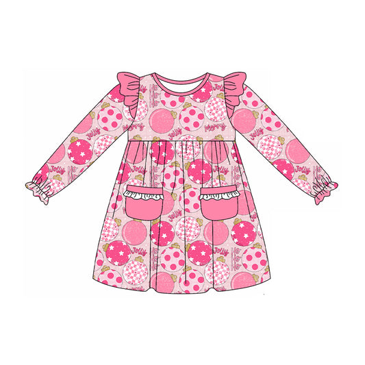 Preorder GLD1239 Christmas Pink Ruffle Pocket Long Sleeve Dresses for Girls  202507