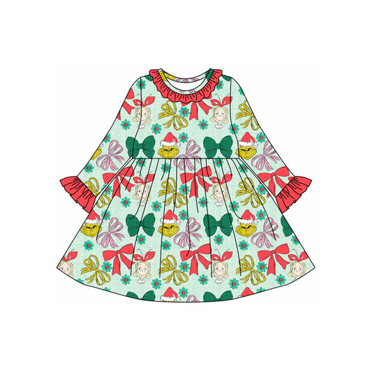 Preorder GLD1240 Christmas Grinch Bows Red Ruffle Long Sleeve Dresses for Girls  202507
