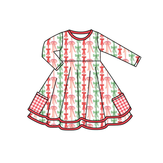 Preorder GLD1241 Christmas Bows Red Plaid Pocket Ruffle Long Sleeve Dresses for Girls  202507