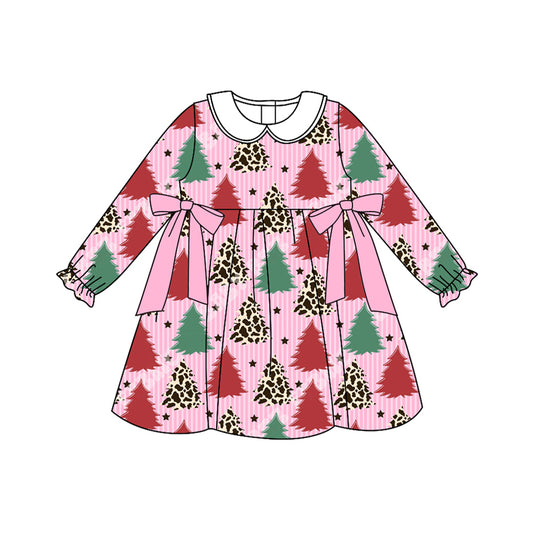 Preorder GLD1242 Christmas Tree Bows Stripe Doll Collar Long Sleeve Dresses for Girls  202507