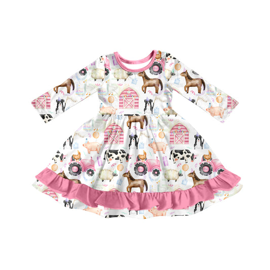 Preorder GLD1243 Farm Animals Pink Ruffle Long Sleeve Dresses for Girls  202507