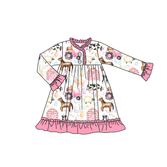 Preorder GLD1244 Sibling Farm Animals Pink Ruffle Long Sleeve Dresses for Girls  202507
