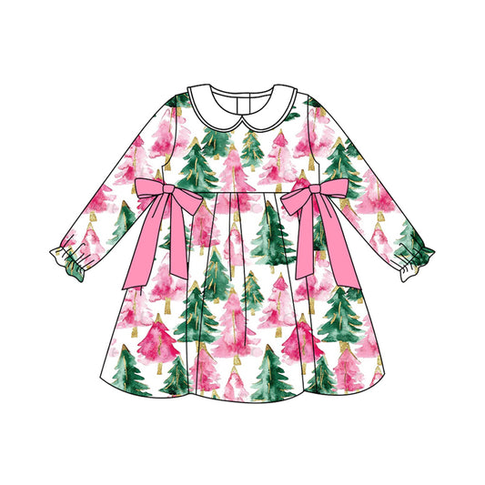Preorder GLD1246 Christmas Tree Pink Bows Doll Collar Long Sleeve Dresses for Girls  202507