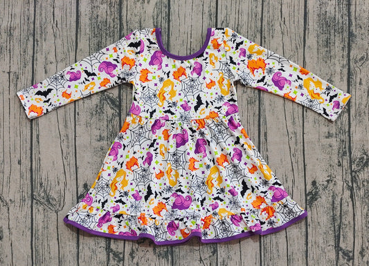Preorder GLD1249 Hocus Spider Web Purple White Long Sleeve Dresses for Girls  202508