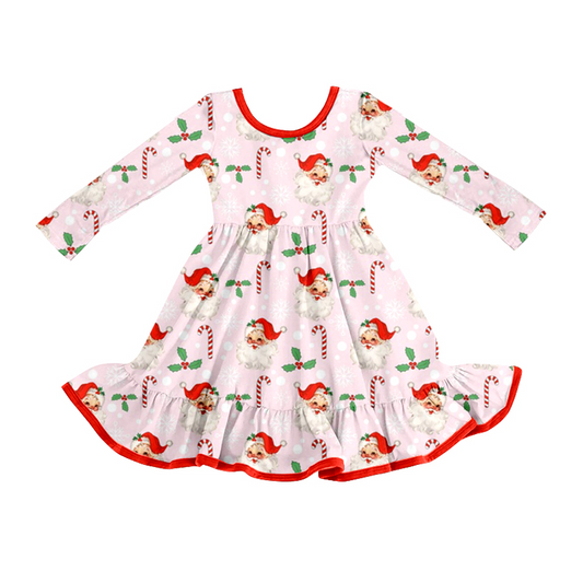 Preorder GLD1251 Christmas Santa Claus Cane Pink Long Sleeve Dresses for Girls  202508