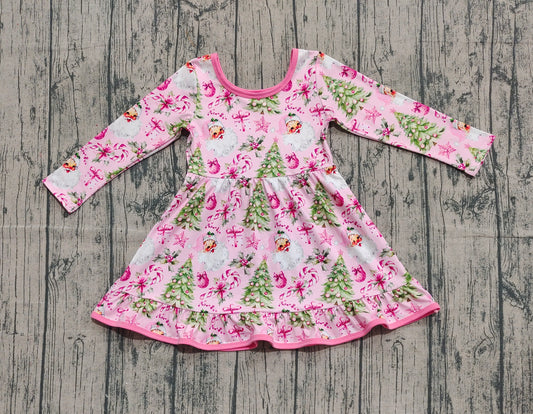 NO MOQ Preorder GLD1252-XS-3XL Christmas Santa Claus Tree Pink Long Sleeve Dresses for Girls  202509