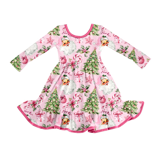 Preorder GLD1252 Christmas Santa Claus Tree Pink Long Sleeve Dresses for Girls  202508