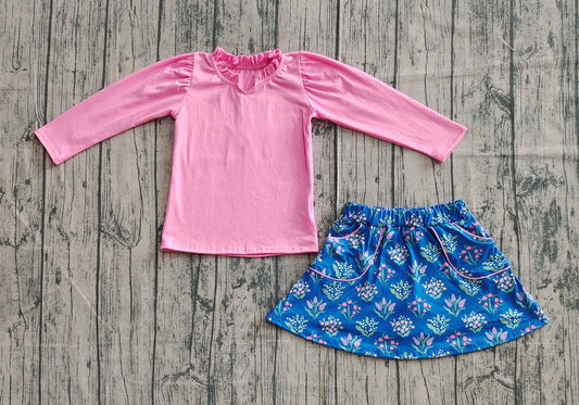 Preorder GLD1256 Pure Pink Ruffle Long Sleeve Flower Blue Skirts for Girls Sets 202508