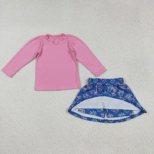 GLD1256 Pure Pink Ruffle Long Sleeve Flower Blue Skirts for Girls Sets 202509 RTS