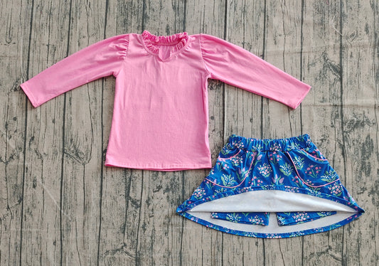 Preorder GLD1256 Pure Pink Ruffle Long Sleeve Flower Blue Skirts for Girls Sets 202508