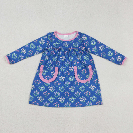 GLD1257 Flower Pink Ruffle Pocket Blue Long Sleeve Dresses for Girls  202509 RTS