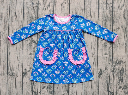Preorder GLD1257 Flower Pink Ruffle Pocket Blue Long Sleeve Dresses for Girls  202508