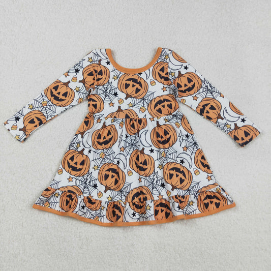 GLD1258 Halloween Pumpkin Ghost Ruffle Orange Long Sleeve Dresses for Girls  202508 RTS