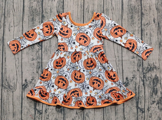 Preorder GLD1258 Halloween Pumpkin Ghost Ruffle Orange Long Sleeve Dresses for Girls  202508