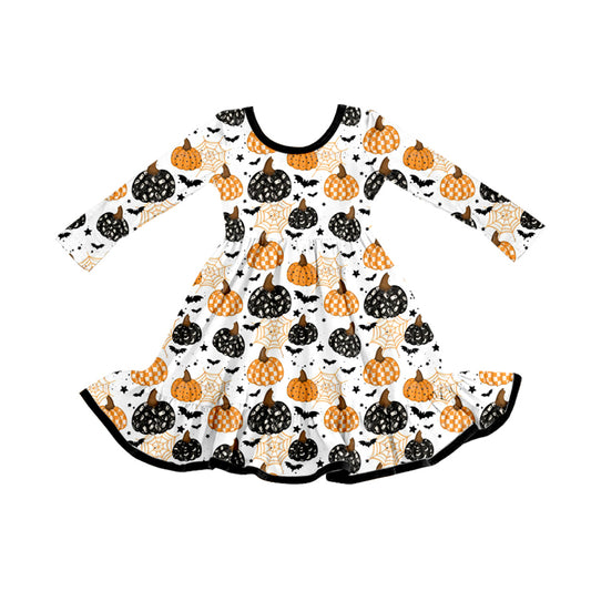 Preorder GLD1261 Halloween Pumpkin Spider Web Black Ruffle Long Sleeve Dresses for Girls  202508