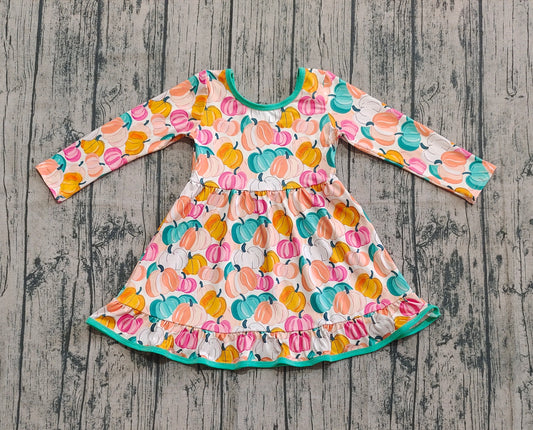 Preorder GLD1264 Pumpkin Orange Green Ruffle Long Sleeve Dresses for Girls  202508