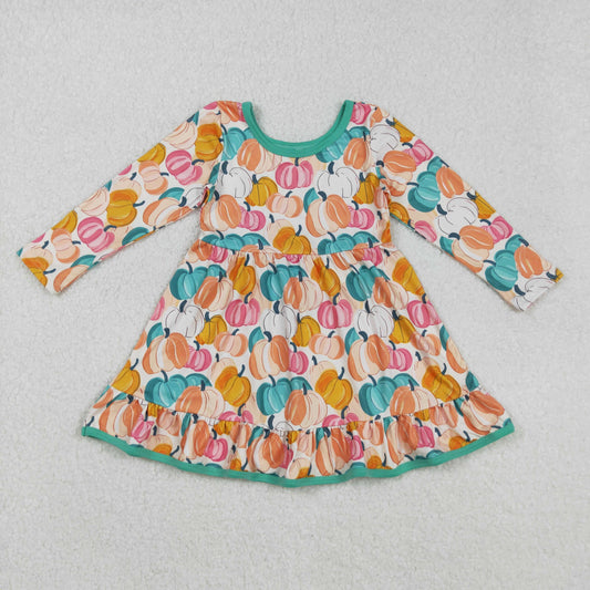 GLD1264 Pumpkin Orange Green Ruffle Long Sleeve Dresses for Girls  202509 RTS