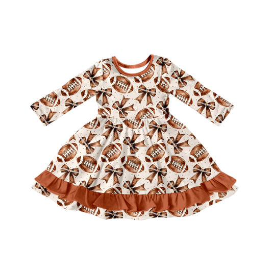 Preorder GLD1268 Rugby Brown O-Neck Ruffle Long Sleeve Dresses for Girls  202508