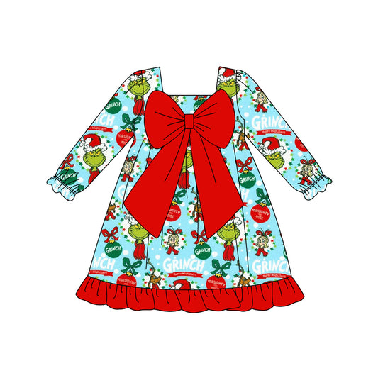 Preorder GLD1269 Christmas Grinch Big Bow Red Ruffle Long Sleeve Dresses for Girls  202508