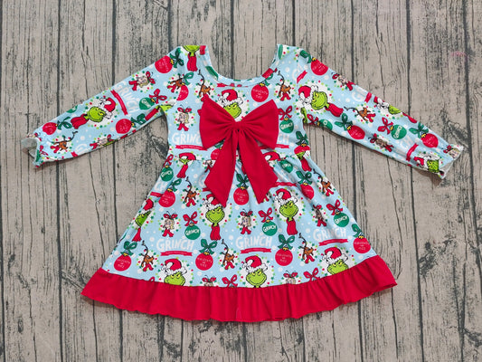 NO MOQ Preorder GLD1269 Christmas Grinch Big Bow Red Ruffle Long Sleeve Dresses for Girls  202508