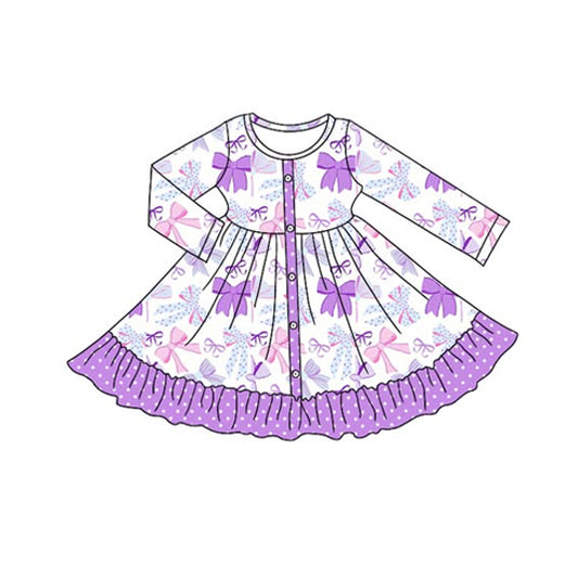 Preorder GLD1271 Bows Dots Purple Ruffle Long Sleeve Dresses for Girls  202508