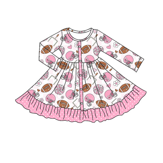 Preorder GLD1272 Go Team Rugby Pink Ruffle Long Sleeve Dresses for Girls  202508