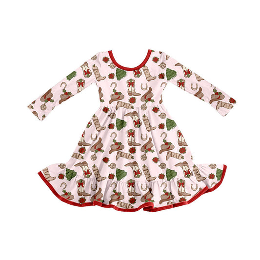 Preorder GLD1274 Christmas Santa Tree Boots Pink Long Sleeve Dresses for Girls  202508