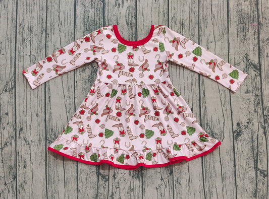 NO MOQ Preorder GLD1274 Christmas Santa Tree Boots Pink Long Sleeve Dresses for Girls  202508
