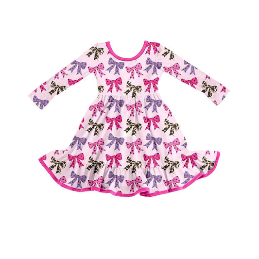 Preorder GLD1275 Bows Pattern Rose Red Long Sleeve Dresses for Girls  202508