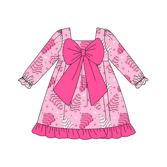 Preorder GLD1276 Santa Tree Big Bows Rose Red Christmas Long Sleeve Dresses for Girls  202508