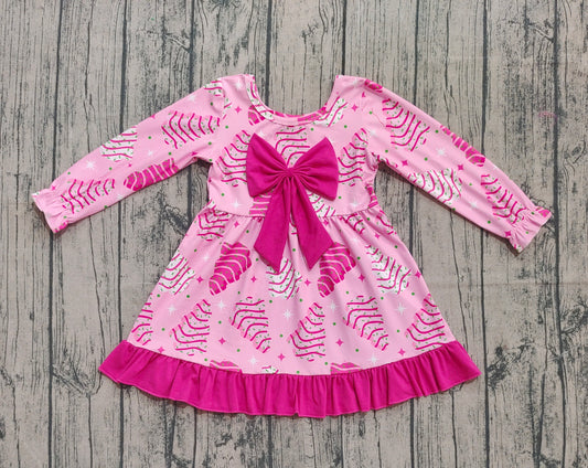 NO MOQ Preorder GLD1276 Santa Tree Big Bows Rose Red Christmas Long Sleeve Dresses for Girls  202508