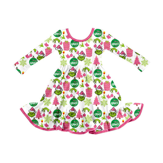 Preorder GLD1277 Christmas Grinch Ruffle Long Sleeve Dresses for Girls  202508