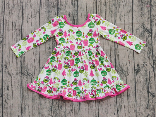 NO MOQ Preorder GLD1277 Christmas Grinch Ruffle Long Sleeve Dresses for Girls  202508
