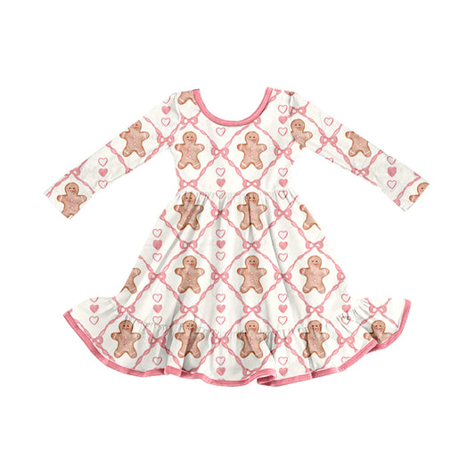 Preorder GLD1278 Christmas Gingerbread Man Ruffle Long Sleeve Dresses for Girls  202508