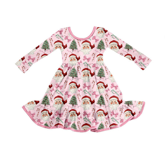 Preorder GLD1279 Christmas Santa Claus Tree Bows Cute Pink Long Sleeve Dresses for Girls  202508