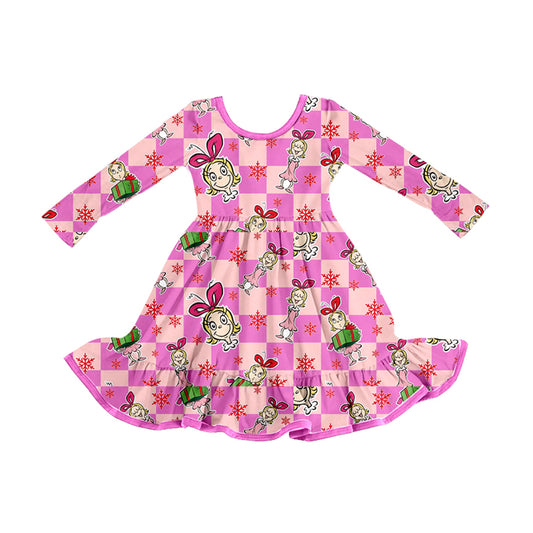 Preorder GLD1281 Christmas Girl Gift Snowflake Rose Red Plaid Long Sleeve Dresses for Girls  202508