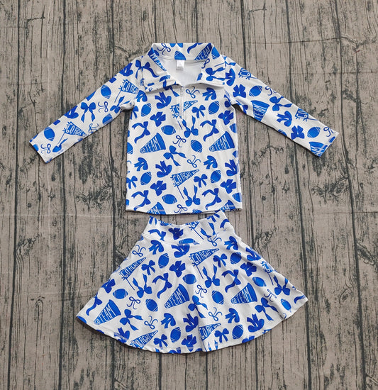 NO MOQ preorder GLD1283 Go Team Zipper Collar Blue White Long Sleeve Skirts Girls Yoga Sets 202510