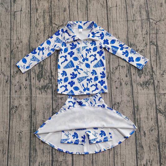 NO MOQ preorder GLD1283 Go Team Zipper Collar Blue White Long Sleeve Skirts Girls Yoga Sets 202510