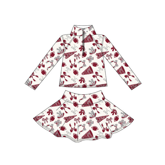 MOQ 8 preorder GLD1284 Go Team Zipper Collar Dark Red White Long Sleeve Skirts Girls Yoga Sets 202509