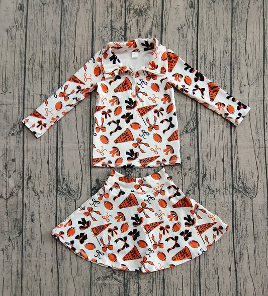 NO MOQ preorder GLD1285 Go Team Zipper Collar Orange White Long Sleeve Skirts Girls Yoga Sets 202510