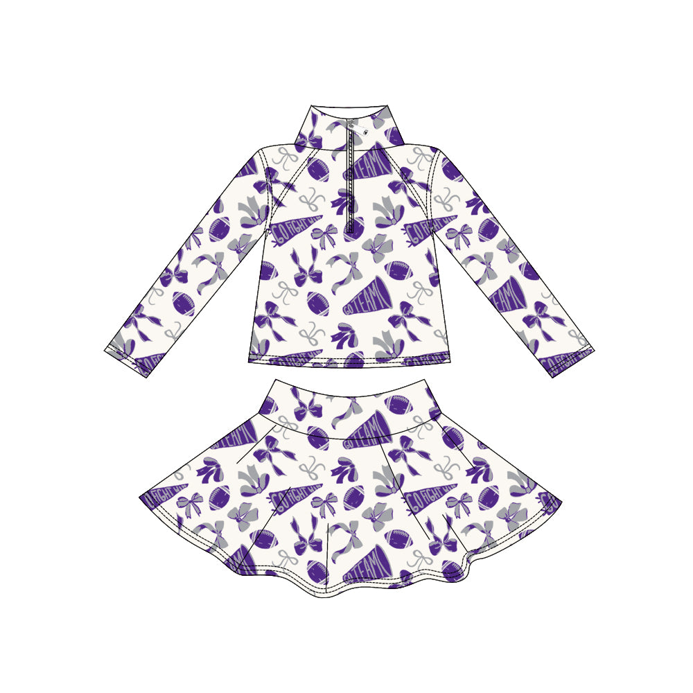 MOQ 8 preorder GLD1287 Go Team Zipper Collar Purple White Long Sleeve Skirts Girls Yoga Sets 202509