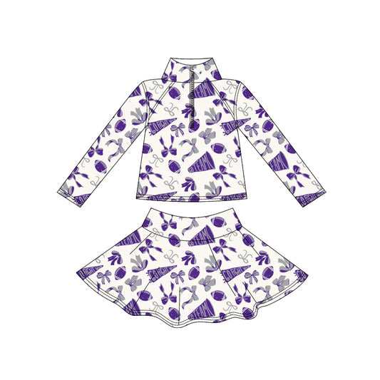 MOQ 8 preorder GLD1287 Go Team Zipper Collar Purple White Long Sleeve Skirts Girls Yoga Sets 202509