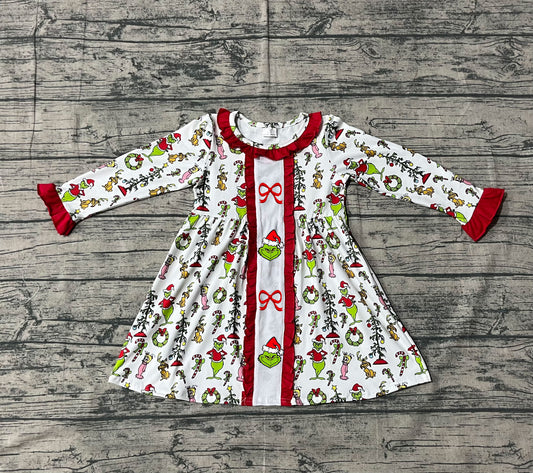 NO MOQ Preorder GLD1289 Embroidered  Christmas Grinch Red Ruffle Long Sleeve Dresses for Girls  202509